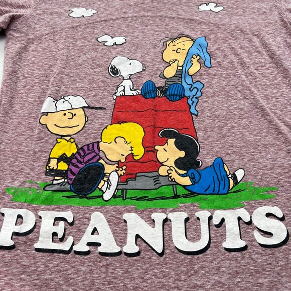 Peanuts TShirt Girls L Heathered Maroon Snoopy Charlie Brown V-Neck Short Sleeve - Picture 2 of 7